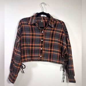 Orange and Gray Plaid Button-Down Cropped Shirt